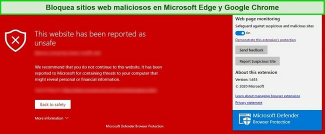 Captura de pantalla de Microsoft Defender que bloquea un sitio malicioso
