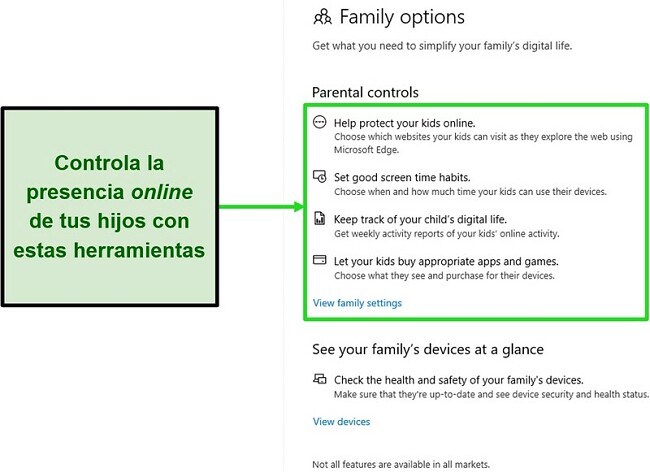 Captura de pantalla de las herramientas de control parental de Microsoft Defender