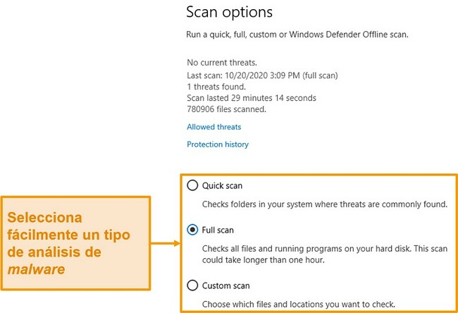 Captura de pantalla de las opciones de escaneo de Microsoft Defender