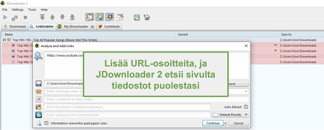 Näyttökuva JDownloader-tiedostojen etsimisominaisuudesta URL-osoitteiden kautta