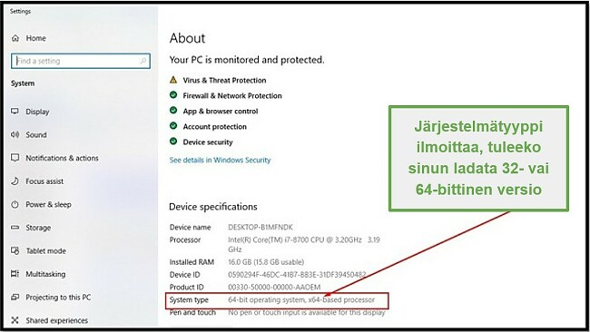 Näyttökuva Windowsin järjestelmäasetuksista, joka näyttää laitteen määritykset
