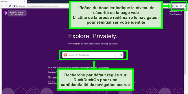 Capture d'écran de la page d'accueil du navigateur Tor avec des icônes et des fonctionnalités du moteur de recherche en surbrillance