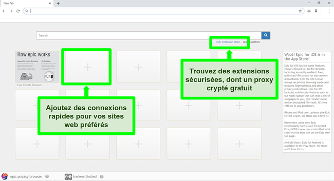 Capture d'écran de la page d'accueil du navigateur Epic Privacy avec les fonctionnalités mises en évidence