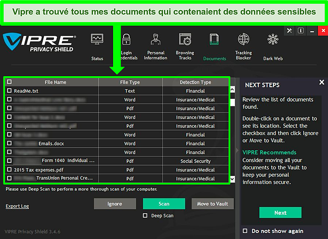 Capture d'écran du scanner de documents sensibles de Vipre Privacy Shield