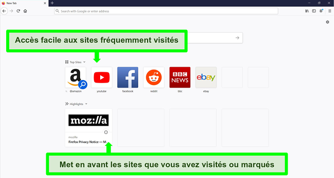 Capture d'écran de la page d'accueil de Firefox avec des fonctionnalités mises en évidence