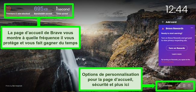 Capture d'écran annotée de la page d'accueil du navigateur Brave, mettant en évidence les fonctionnalités et les paramètres de personnalisation