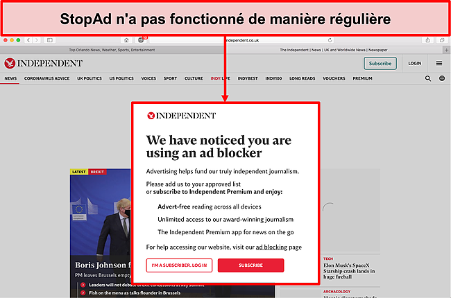 Image du site Web détectant que Stop Ads était en cours d'utilisation