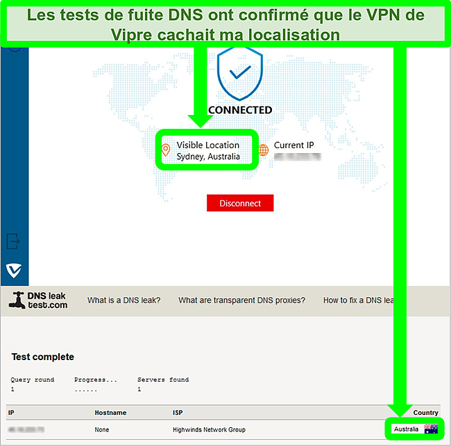 Capture d'écran du VPN Vipre Internet Shield se connectant à un serveur en Australie