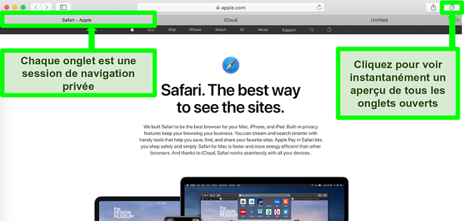 Capture d'écran de la page d'accueil du navigateur sécurisé Safari