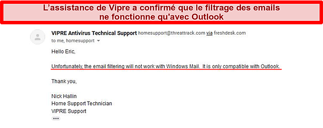 Capture d'écran d'un échange d'e-mails avec le support Vipre