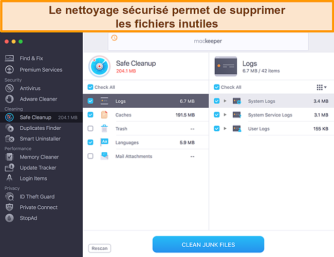 Image du Safe Cleanup de MacKeeper identifiant les fichiers indésirables à effacer