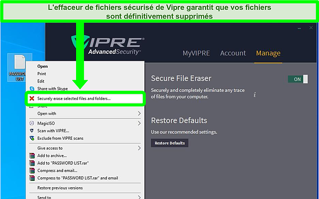Capture d'écran de l'outil d'effacement de fichiers sécurisé de Vipre