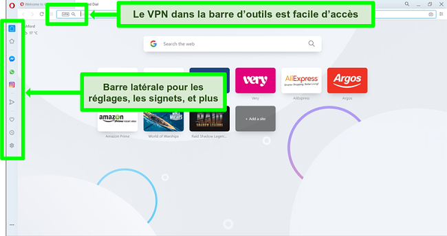 Capture d'écran de la page d'accueil d'Opera avec VPN et barre latérale en surbrillance