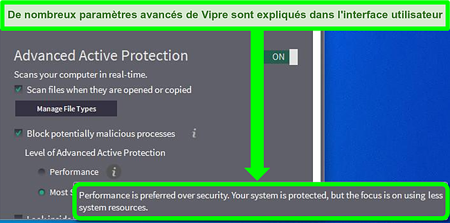 Capture d'écran de l'interface utilisateur de Vipre montrant une explication des paramètres avancés