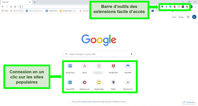 Capture d'écran de la page d'accueil de Google Chrome avec certaines fonctionnalités mises en évidence