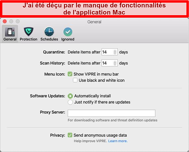 Capture d'écran de l'interface macOS de Vipre Advanced Security