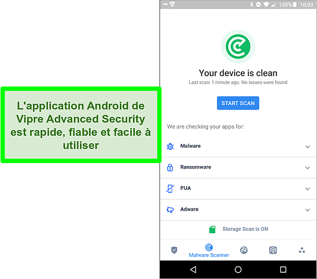 Capture d'écran de l'application Android Vipre Advanced Security