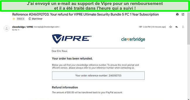 Capture d'écran d'un avis de remboursement envoyé par e-mail depuis le support Vipre