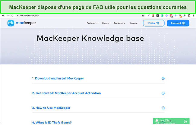 Image de la base de connaissances en ligne de MacKeeper donnant des réponses utiles aux questions courantes