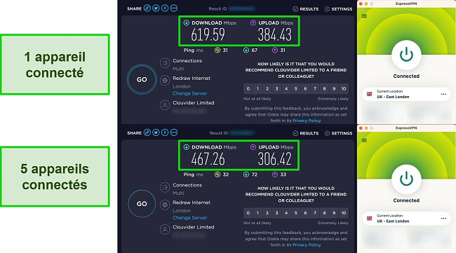 Capture d'écran d'un test de vitesse ExpressVPN connecté à un appareil, puis connecté à 5 appareils simultanément