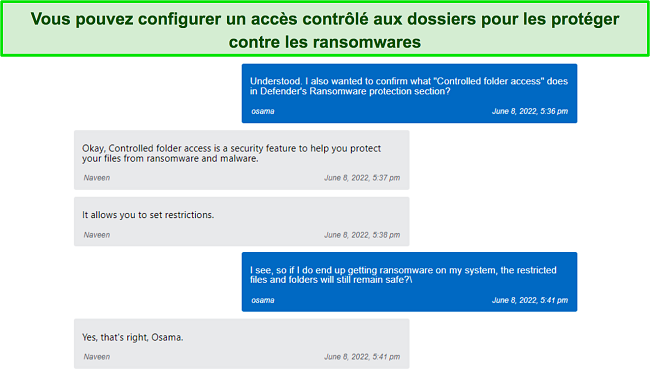 Support de chat en direct de Microsoft Defender expliquant le fonctionnement de sa protection contre les ransomwares