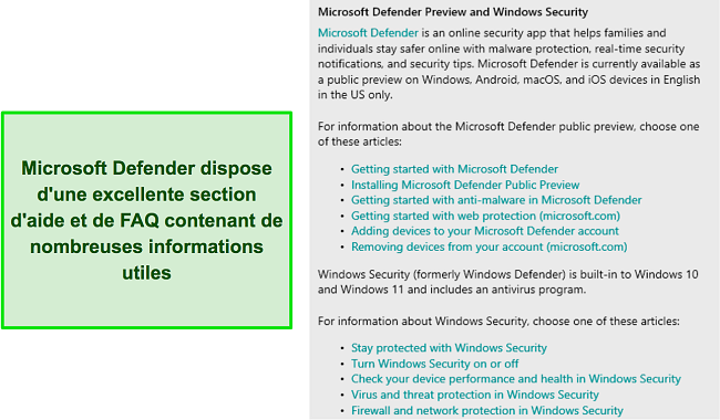 Section d'aide et FAQ de Microsoft Defender avec de nombreuses informations utiles
