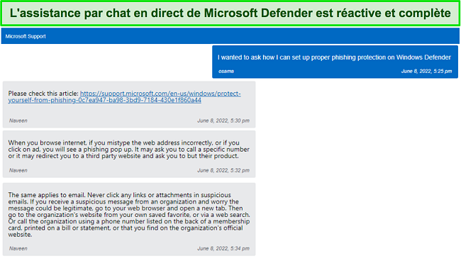 Conversation avec le support de chat en direct de Microsoft Defender