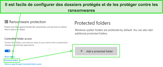 Configuration des dossiers protégés dans le menu de protection contre les rançongiciels de Microsoft Defender