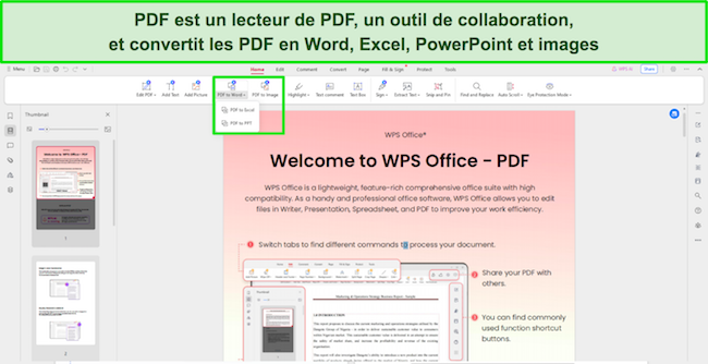 Capture d'écran des outils de lecture PDF WPS Office