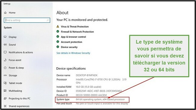 Capture d'écran des paramètres système Windows montrant les spécifications de l'appareil
