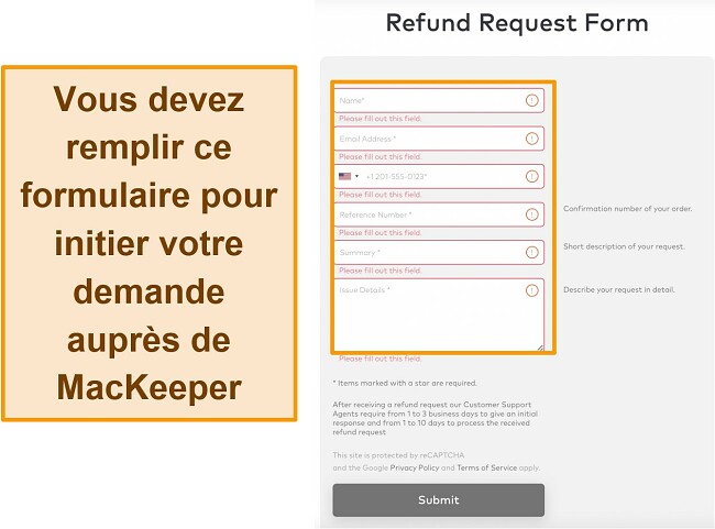 Capture d'écran du formulaire de demande de remboursement de MacKeeper lors de l'utilisation de la garantie de remboursement