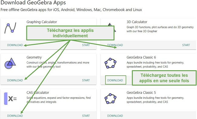 Vous pouvez télécharger les applications de GeoGebra individuellement ou toutes ensemble dans ses bundles Classic