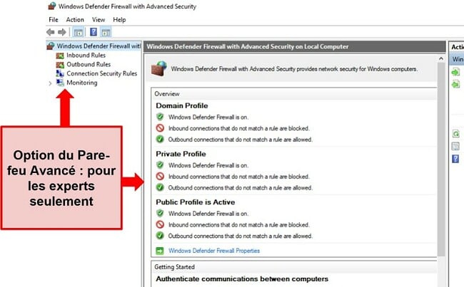 Capture d'écran des paramètres de sécurité du pare-feu Windows Defender