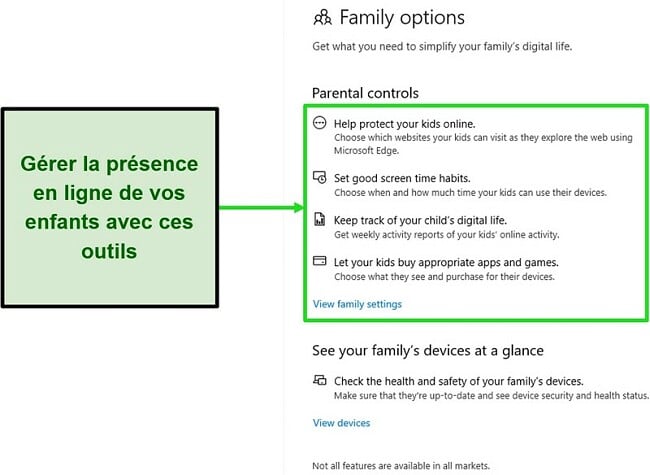 Capture d'écran des outils de contrôle parental de Microsoft Defender