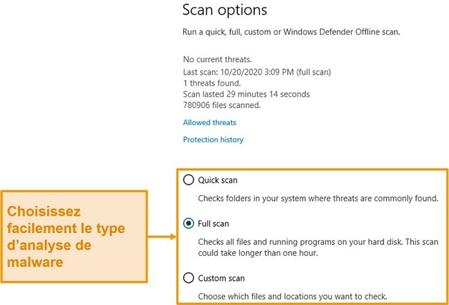 Capture d'écran des options d'analyse de Microsoft Defender