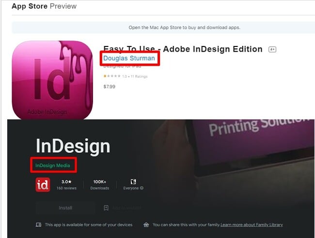 Aplicaciones falsas de Adobe InDesign