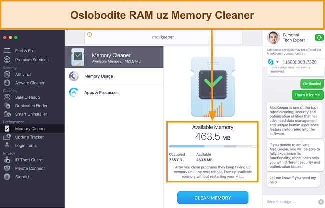 Slika sučelja MacKeeper Memory Cleanera koja identificira upotrebu RAM -a