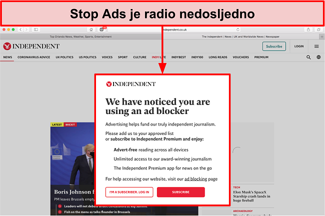 Slika web stranice koja otkriva da je Stop Ads u upotrebi