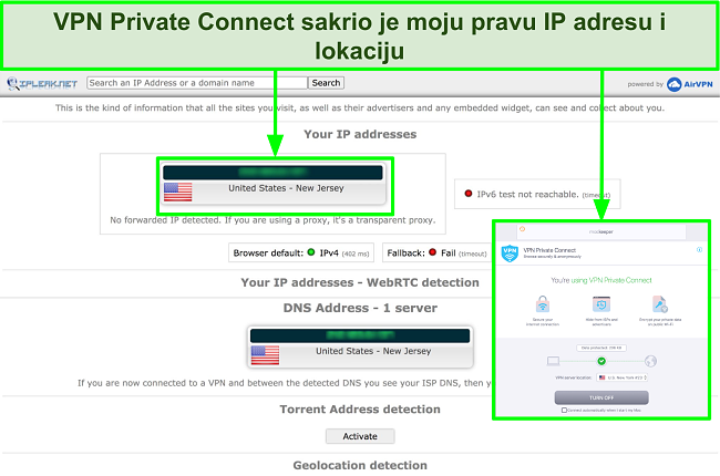 Slika MacKeeper VPN -a uspješno skriva IP adresu tijekom testa