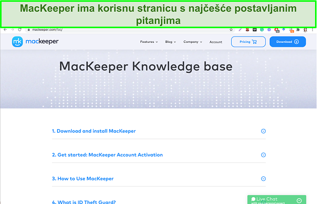 Slika MacKeeper -ove internetske baze znanja koja daje korisne odgovore na uobičajena pitanja