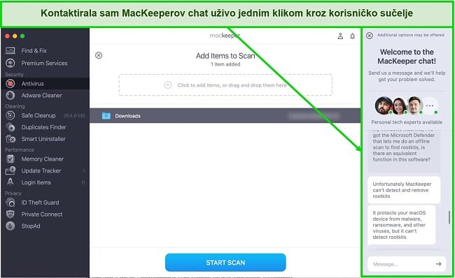 Snimka zaslona MacKeeper prozora za chat uživo na korisničkom sučelju