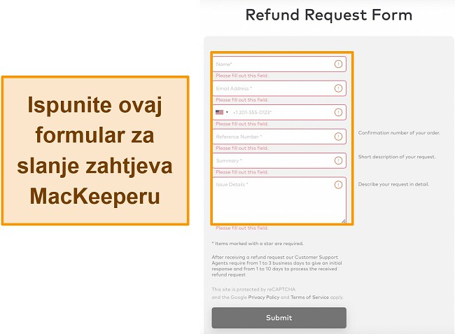 Snimka zaslona obrasca zahtjeva MacKeeper-a za povrat novca kada koristite jamstvo povrata novca