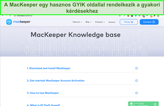 A MacKeeper online tudásbázisának képe, amely hasznos válaszokat ad a gyakori kérdésekre