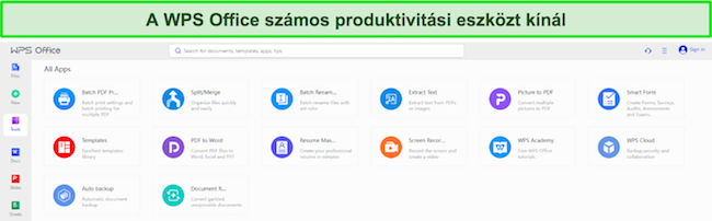 WPS Office termelékenységi eszközök képernyőképe