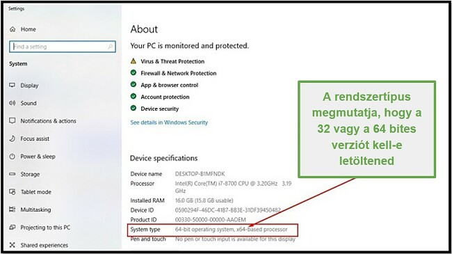 Pillanatkép a Windows rendszerbeállításairól, amely bemutatja az eszköz specifikációit