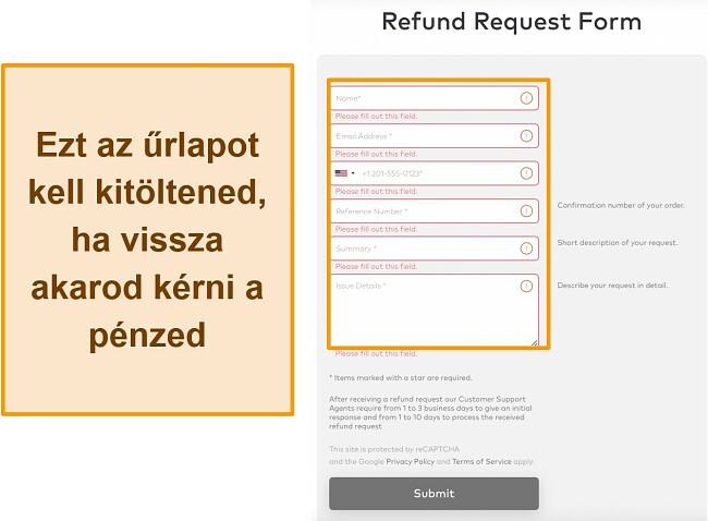 Képernyőkép a MacKeeper visszatérítési kérelem űrlapjáról a pénz-visszafizetési garancia használatakor