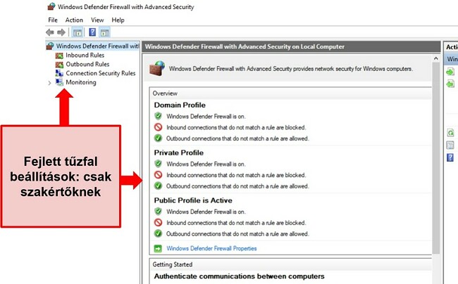 Pillanatkép a Windows Defender tűzfal biztonsági beállításairól