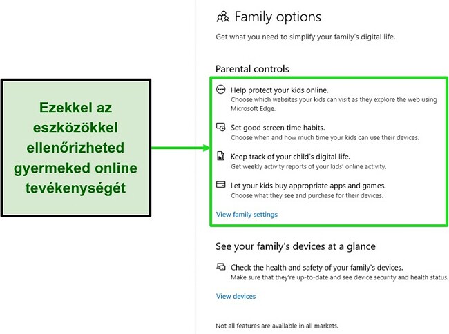 Pillanatkép a Microsoft Defender szülői felügyeleti eszközeiről