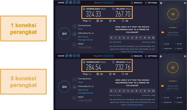 Cuplikan layar uji kecepatan CyberGhost saat terhubung ke satu perangkat lalu terhubung ke 5 perangkat secara bersamaan