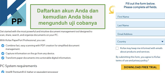 Tangkapan layar formulir pendaftaran untuk mengunduh uji coba gratis